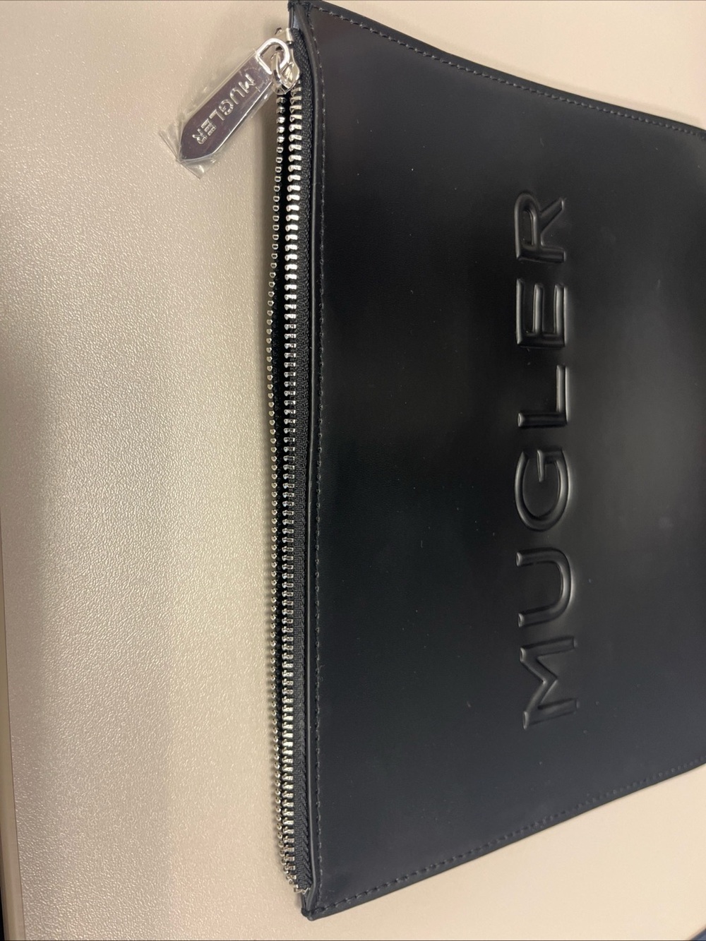 Mugler Black Embossed Leather Cosmetic Case with Silver Zip Pull